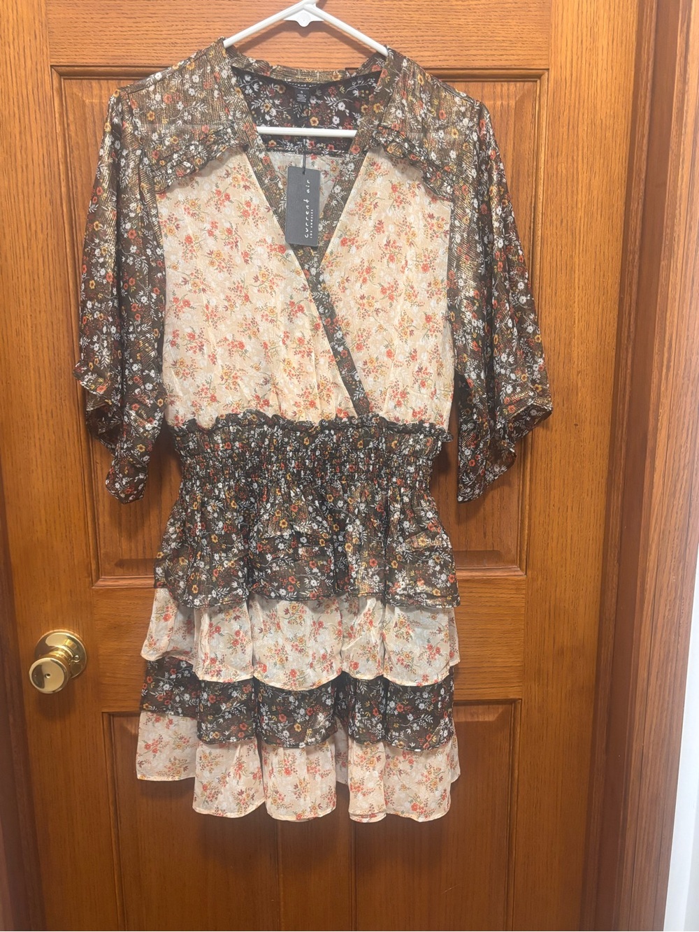 Current Air Brown and Cream Floral Tiered Mini Dress. Sz S